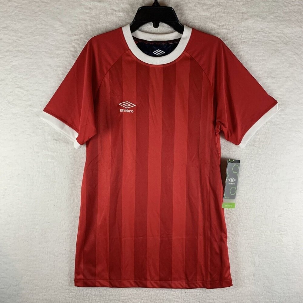 Umbro Soccer Jersey‎ Men's Size Small Red Striped Short Sleeve Crew Neck 6320
